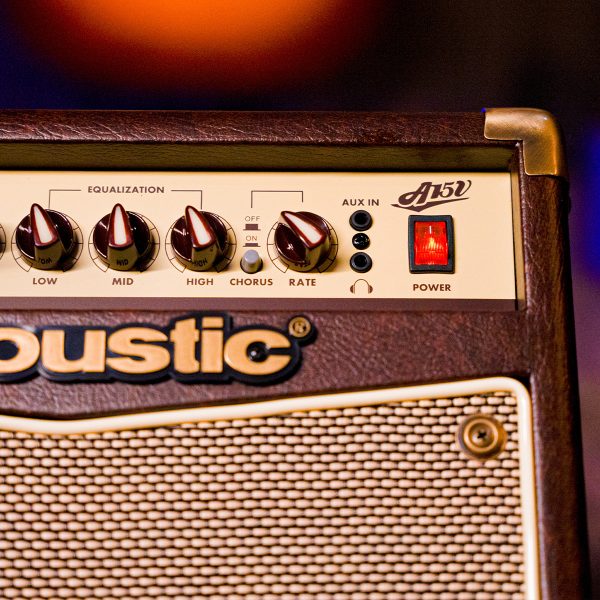 Close up of A15V 15W acoustic input, effects and equalizer options: Low, Mid, High