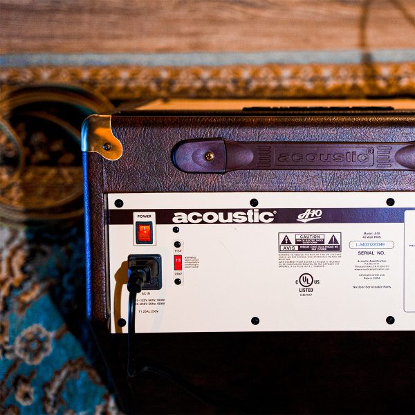 close up view of A40 40W acoustic amp back panel AC IN, Power