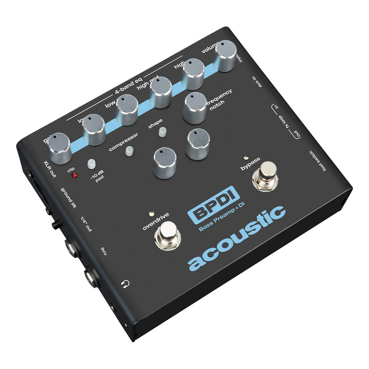 Top right angle view of acoustic BPDI Bass Preamp + DI Pedal