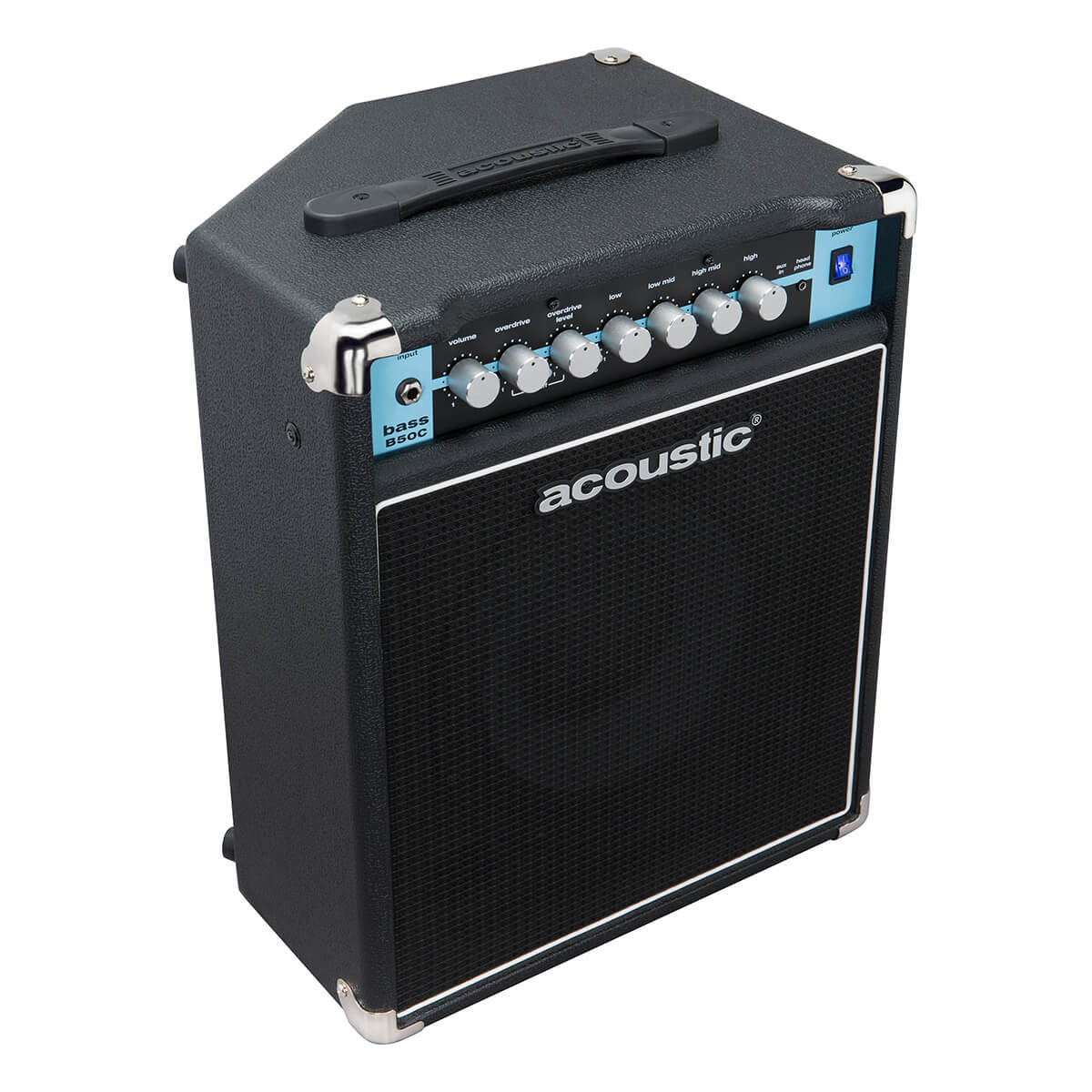 Top right angle view of Acoustic B50C 50 W 1×10″ C-Series Bass Combo Amp