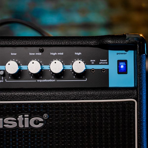 close up of B100C combo bass amp aux option, equalizer and power button