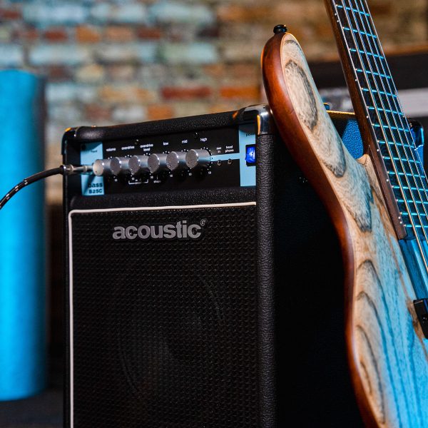 bass guitar leaning into B25C combo bass amp