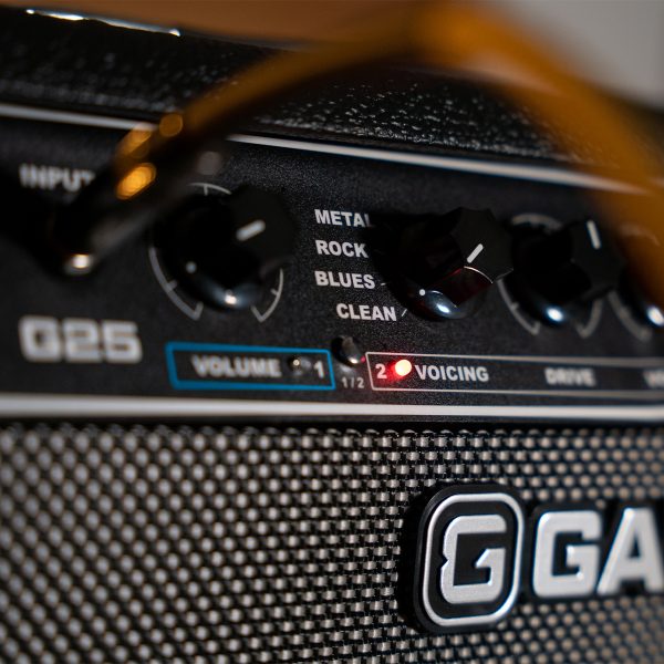 Close up of voicing options: Metal, Rock, Blues, Clean, on GAMMA G25 guitar amp